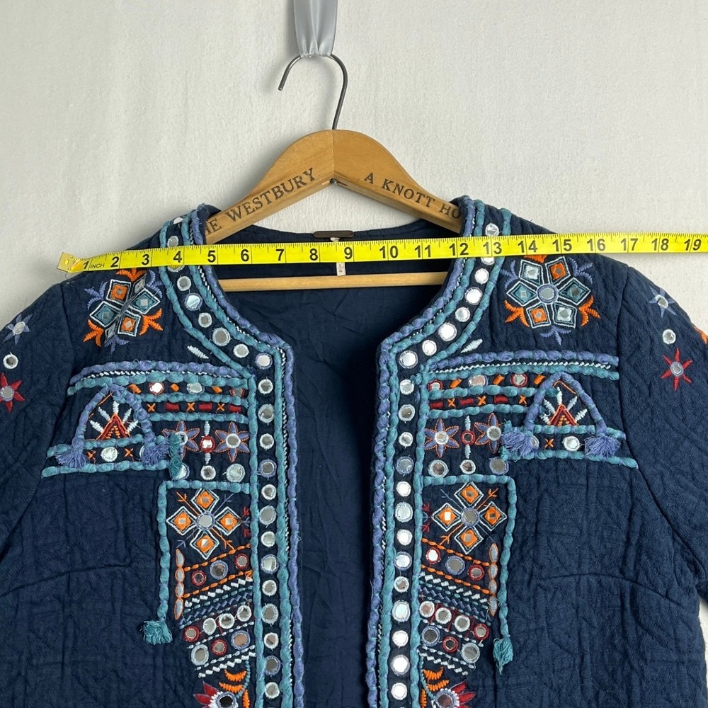 Temperance Navy Blue Embroidered Mirror Work Quilted Boho Jacket L - Picture 9 of 12